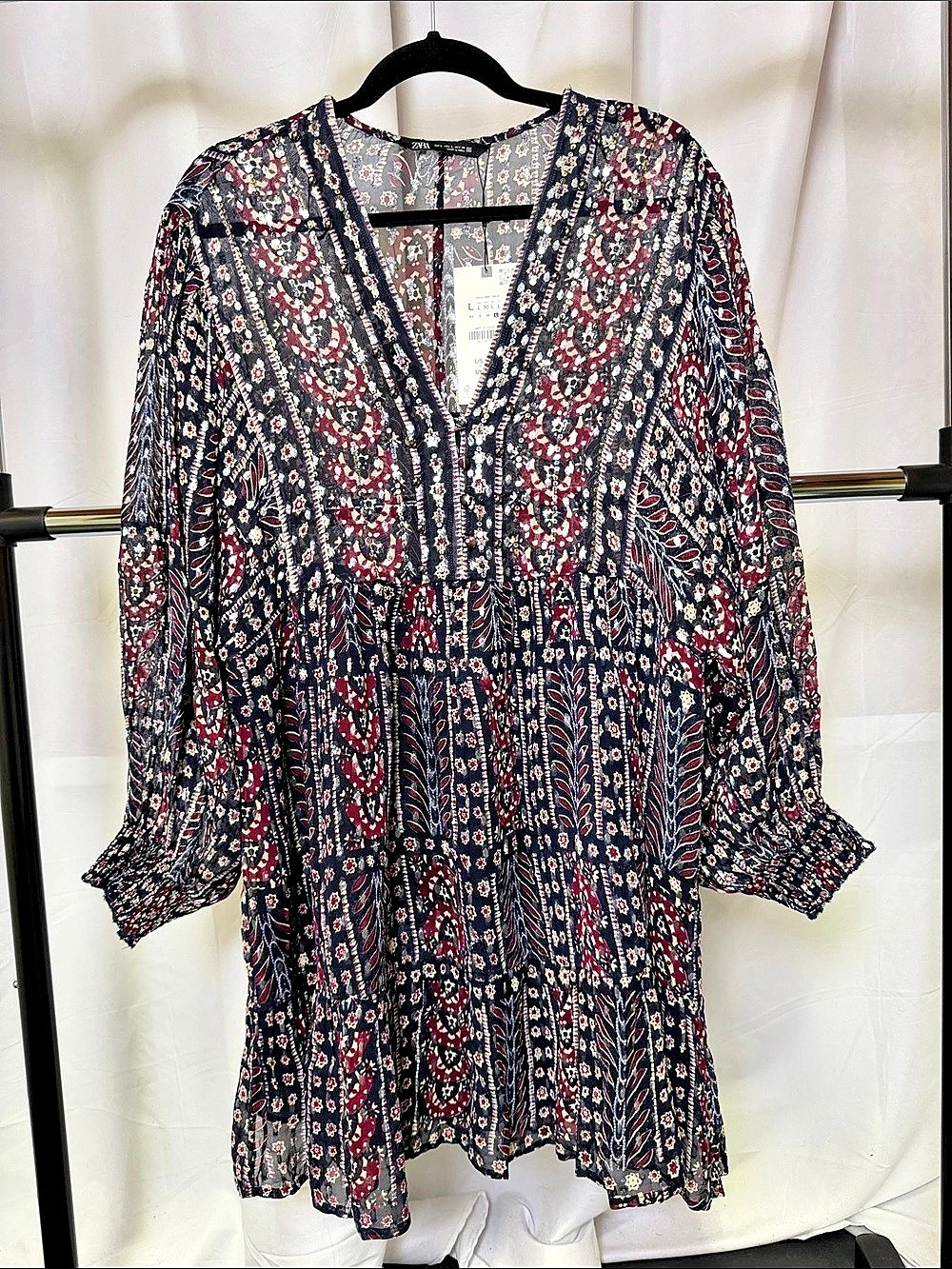 Zara womens metallic thread printed Dress Large NWT